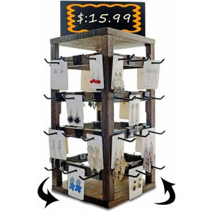 Wooden rotating Jewelry Display Stand with Removable 48 Hooks advertising board, For Earring Cards necklace bracelet Keychain Jewelry Organizer For Selling For vendor events (Dark brown)