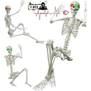 5.4Ft Halloween Skeleton, Posable Life Size Skeleton with Glowing Eyes Creepy Sound, Plastic Skeletons with Movable Joints for Graveyard Prop, Indoor Outdoor Haunted House Party Decor