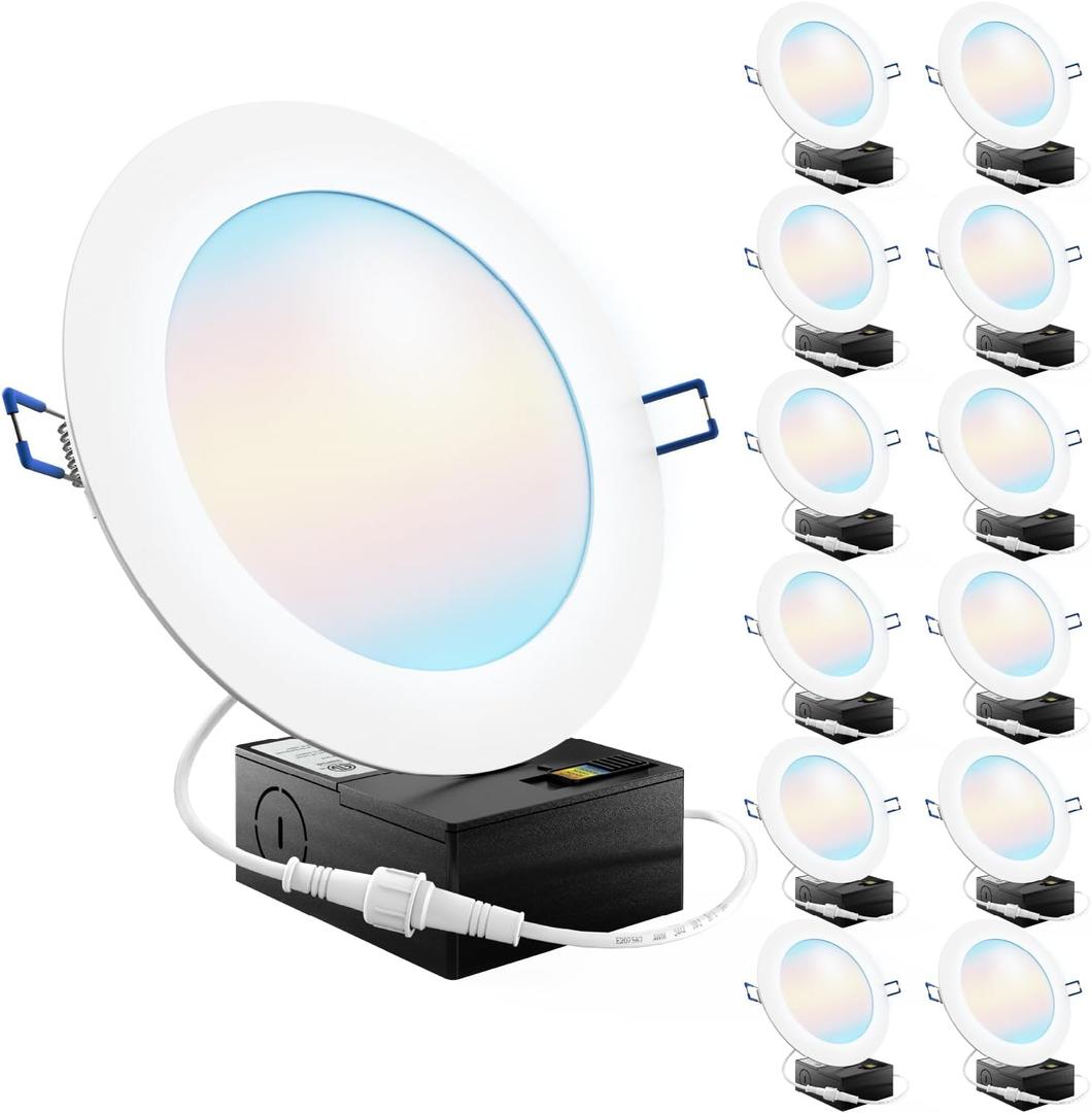 Sunco 12 Pack 6 Inch LED Recessed Light, Canless Ceiling Lights Slim with Junction Box, 850 LM, 14W (100W Equivalent), Selectable CCT 2700K/3000K/4000K/5000K/6000K, Dimmable, Wafer Thin ETL