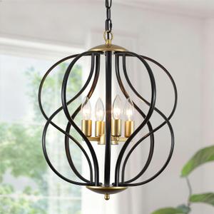 4 Lights Black and Gold Chandelier for Dining Room, 17" Farmhouse Foyer Chandeliers, Industrial Geometric Hanging Pendant Light Fixture for Entryway, Kitchen, Entryway, Foyer, Stairs