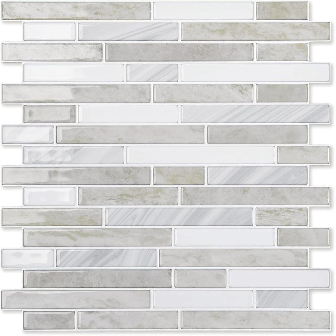 LONGKING 10-Sheet Extra Thick Peel and Stick Backsplash Tiles, Waterproof Kitchen Backsplash Peel and Stick Tile, Self-Adhesive Backsplash for Kitchen, Beige & White