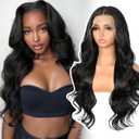 Synthetic Lace Front Wig 13x4 Pre Plucked 1B Black Wigs for Black Women Body Wave Long Wavy 150% Density Natural Heat Resistant Hair Daily Use 26 Inch