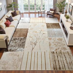 DweIke Washable 5x7 Area Rugs for Living Room, Soft Geometric Floral Bedroom Rug, Stain Resistant and Non-Slip Modern Throw Carpets for Office Nursery Dining Room Home Decor, Beige