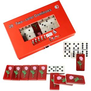 Double Six Domino Set - 28 Piece Two-Color Dominoes, Floral Rose Back and Locking Red Gift Box, Classic Table Game for 2-4 Players, Adults & Family Game Night