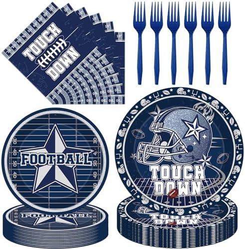 Hokinaa Cowboy Football Party Decorations - 96 Pcs Blue American Rugby Sports Paper Disposable Plate Napkin Forks Tableware Set, Happy Birthday Supplies Decor for Boys Men Lovers Serves 24 Guests