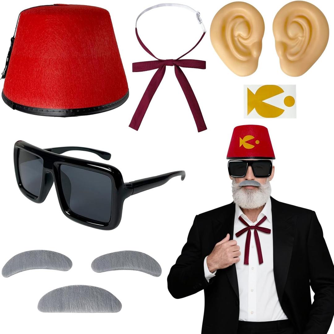8 Pcs Halloween Old Man Costumes Accessories, Red Fez Hat, Gray Beard Eyebrow, Black Square Glasses, Fake Ears, Long Silk Bow Tie for Halloween Men Cosplay Dress up