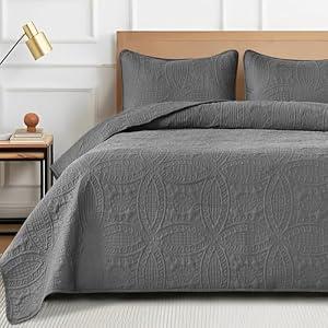 Siyaluens Quilts Set for King Size Bed, Soft Quilt Lightweight Microfiber Bedspread, Circle Geometric Pattern Ultrasonic Quilting Bedding Bedspreads with 2 Pillow Shams for All Season (Grey)
