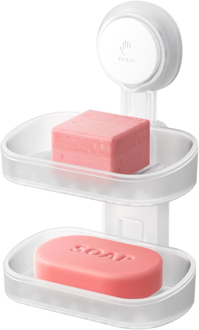 TAILI Double Layer Soap Dish Holder Suction Cup, Strong Sponge Holder for Shower, No Tools Soap Saver for Bathroom, Tub and Kitchen Sink, Shower Accessories, Drill-Free, Removable,Clear (2 Tier)