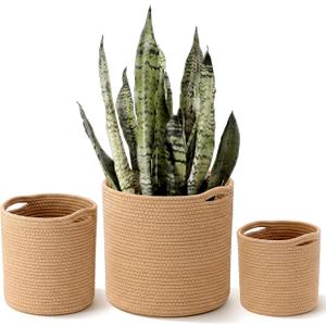 Xuhal 3 Pcs Plant Basket Woven Storage Basket Boho Planter Baskets Modern Woven Flower Tree Pots for Home Decor Blankets Organization (Khaki)