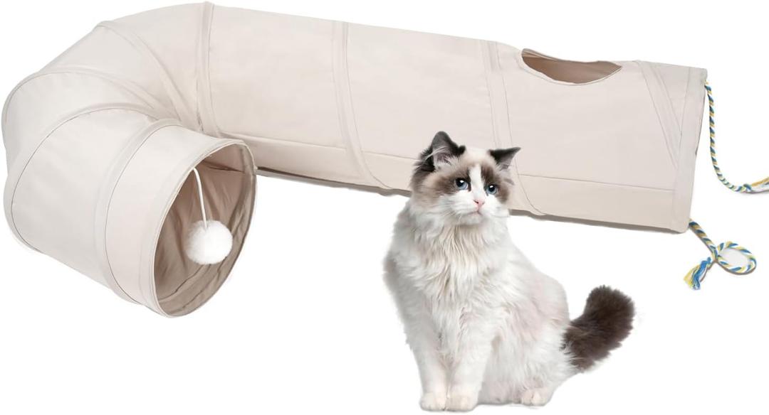 Cat Tunnel, 2-Way Collapsible Cat Tube with Interactive Peek-A-Boo Hole, Toy Ball, and Rope Ideal for Indoor Cats, Kittens, and Rabbits, Beige