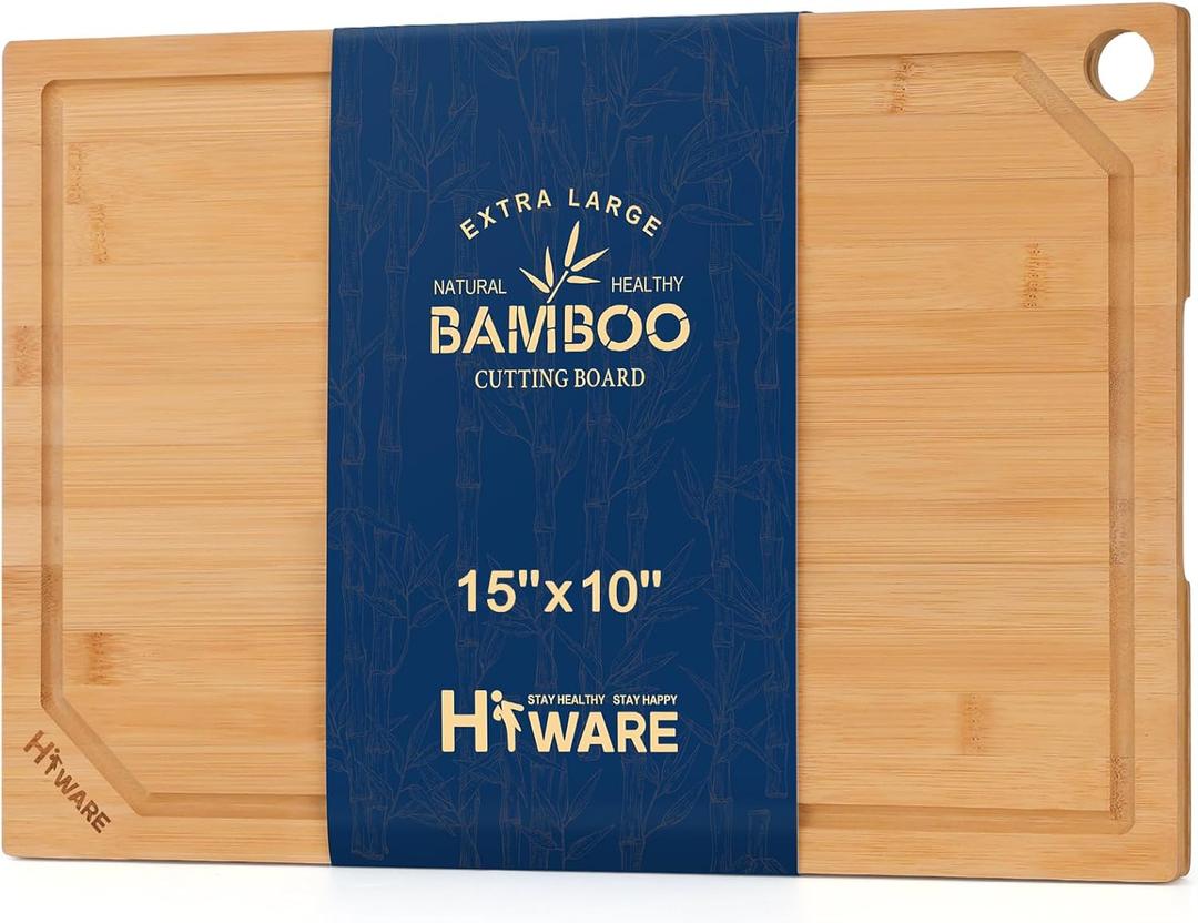 Hiware Bamboo Cutting Board for Kitchen, Heavy Duty Wood Cutting Board with Juice Groove, 100% Organic Bamboo, Pre Oiled, 15" x 10" (Natural)