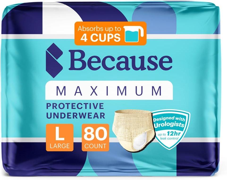 Because Premium Maximum Plus Adult Incontinence and Postpartum Bladder Leak Underwear for Women, Maximum Absorbency, Disposable, Beige, Large, 80 Count (4 Packs of 20)