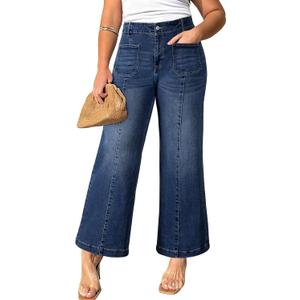 Eytino Womens Plus Size Jeans Stretchy High Waisted Wide Leg Casual Denim Pants with Pockets, 1X Blue