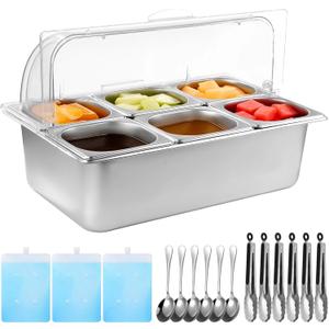 Cold Food Buffet Server - Countertop Chilled Condiment Container with 6 Pans & Flip Lid, Portable Salad Bar with Tongs, Spoons, and Ice Packs for Buffets, Parties