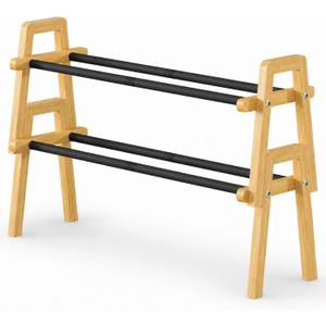 2-Tier Bamboo Shoe Rack Stackable, Shoe Organizer for Entryway and Closet, Modular Small Shoe Storage Shelf, Space-Saving Free Standing, Holds 8-10 Pairs of Shoes, Natural