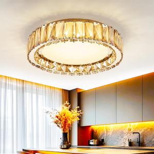 Amber Crystal Dimmable Flush Mount Ceiling Light, Gold Modern LED Close to Ceiling Light Fixture with 5CCT 2700K-6000K, Round Kitchen Lighting for Bedroom,Laundry Room, Hallway, Living room (15in 36W)