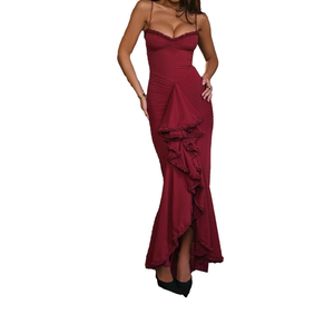 Women's Spaghetti Strap Maxi Dress High Split Ruffle Hem Bodycon Cocktail Dresses Evening Party Dress XL