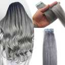 Seamless Tape in Human Hair Extensions Invisible Skin Wefts Brazilian Remy Human Hair Balayage Ombre Colors 16-24inch20pieces (Silver Gray, 20inch50gram)