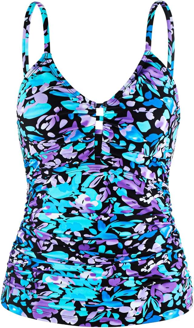 Ocean Blues Women's Retro Tankini Swimsuit Shirring Tummy Control Tankini Top Only (Medium, Multi Floral)