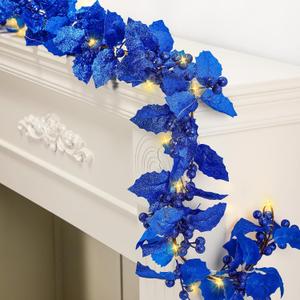 Syhood 1 Pcs Christmas Glitter Berry String Garland 6ft Artificial Lighted Berry Holly Leaves Garland Indoor Outdoor LED for Christmas Holiday Fireplace Mantel Decor (Royal Blue)