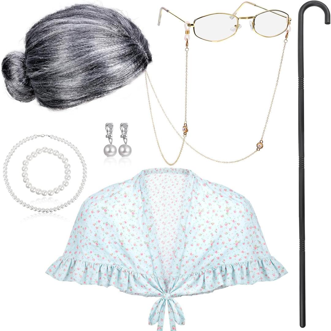 BBTO 100 Days of School Costume Old Lady Costume for Kids Granny Wig Shawl Grandma Outifits with Glasses and Accessories