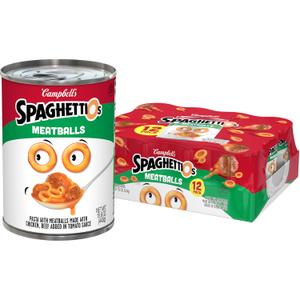 SpaghettiOs Canned Pasta with Meatballs, 15.6 oz Can (12 Pack), BBD 01/09/2025