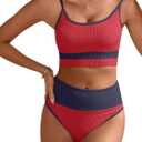 ANRABESS Women High Waisted Bikini Sets Color Block Summer Beach Vacation 2 Piece Bathing Suit Tummy Control Ribbed Swimsuit, Large