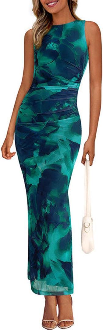 PRETTYGARDEN Womens Summer Wedding Guest Dress 2026 Spring Mesh Sleeveless Bodycon Ruched Floral Holiday Maxi Long Dresses (Medium, Lake Blue Floral)