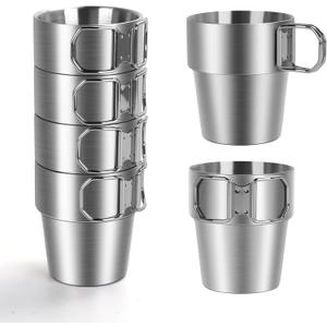 4-Pack Stainless Steel Camping Cups with Foldable Handle, 10 oz Camping Coffee Mugs with Double Wall Design, Ideal for Outdoor Activities, Travel, and Home Use