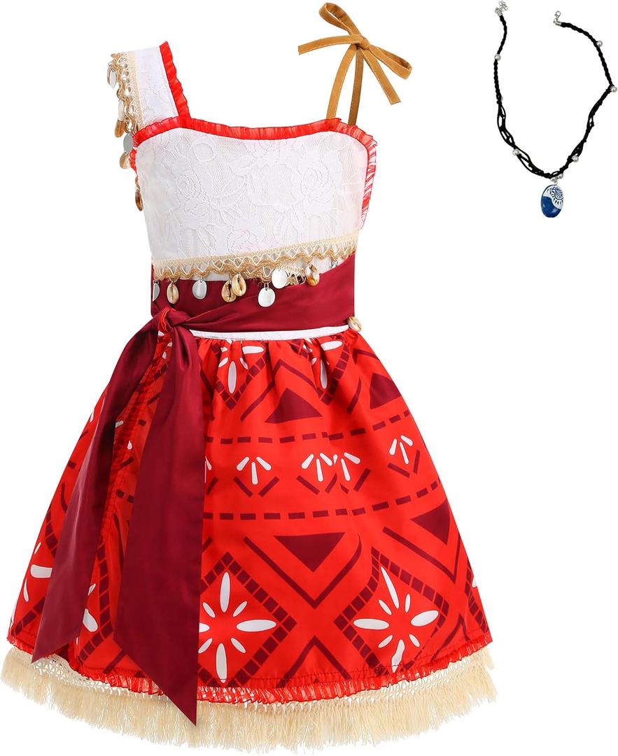 Princess Costume for Girls,Ocean Adventure Outfit Dress for Kids,Halloween Costume Dress Up with Necklace for Girls (2XL/140, Red)