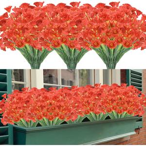 Artificial Flowers 12 Bundles Outdoor UV Resistant Fake Flowers No Fade Faux Plastic Greenery Shrubs Garden Porch Window Box Decorating (Orange)