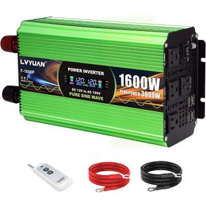 1600 Watt Pure Sine Wave Inverter, DC 12V to 120V AC Power Inverter for Vehicle, RV, Truck, Off-Grid, Car Power Inverter with 4 AC Outlet, 5V/3.1A USB, Remote Control, Surge 3000W