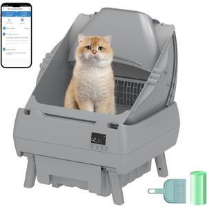 Automatic Cat Litter Box Self Cleaning - APP Control, Open-Style Design, Smart Health Monitor, Suitable for Medium Cats and Kittens, Safe Anti-Pinch, Quiet, A Lifelong Companion - Grey