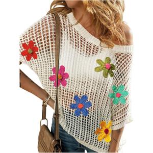 Women's Floral Crochet Tops Hollow Out Dolman Sleeve Applique Sweater Boho Summer Spring Top (Large, White)