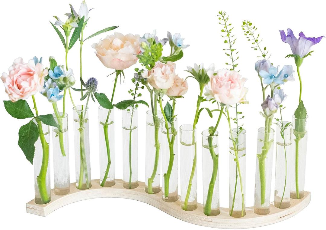 Test Tube Vases for Flowers，Small Plant Propagation Station，S Shape Plant Terrarium with Wooden Stand(Light Wood)