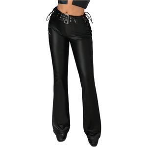 SHENHE Women's PU Leather Flare Pants Lace Up Low Rise Y2k Sexy Rave Punk Pants Trousers (Large, Black)
