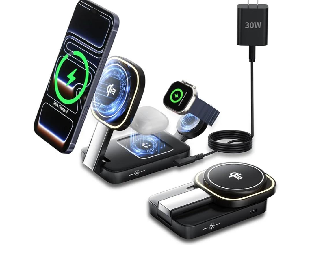 Qi2 Certified Magnetic Wireless Charger for iPhone 17 Pro Max Air 15W 3in1 Fast Mag-Safe Charging Stand for Apple Watch 11/10/9/8 with PD 30W USB C Adapter and Night Lamp for Air-pods(Black)