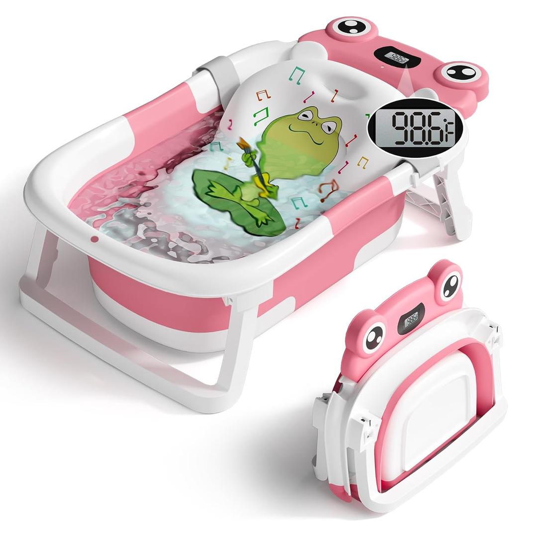BUNWAG Baby Bathtub, Collapsible Newborn Bathtub for Infant to Toddler with Soft Cushion and Thermometer, Travel Newborn Tub with No-Slip Feet, Baby Shower Gifts, 0-12 Months Baby Bath, Rose Pink