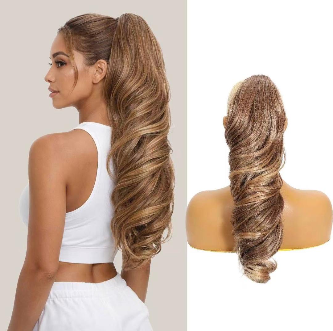 Multi Layers Clip in Ponytail Extension 24 Inch Long Conch Style High Pony Tails Hairpiece No Glue Easy Install Ultra Soft Tangle-Free Synthetic Hair for Daily Party Dating (Dark Brown)