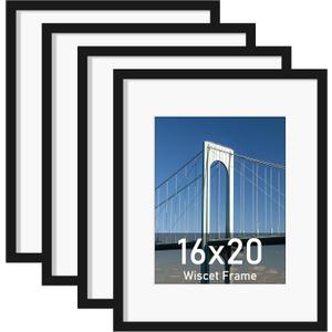 Wiscet 16x20 Picture Frame Set of 4, Display Picture 11x14 with Mat or 16x20 Poster Frame without Mat, Horizontal or Vertical Wall Mounting, Black