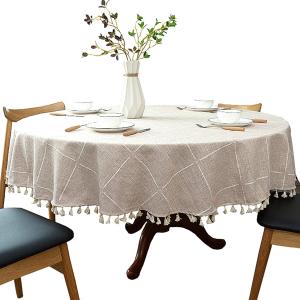 Heavy Weight Cotton Linen Tablecloth, Plaid Tassel Round Table Cover for Kitchen Dining Small Table 24"-40" (2 Seats), Round - 48", Beige