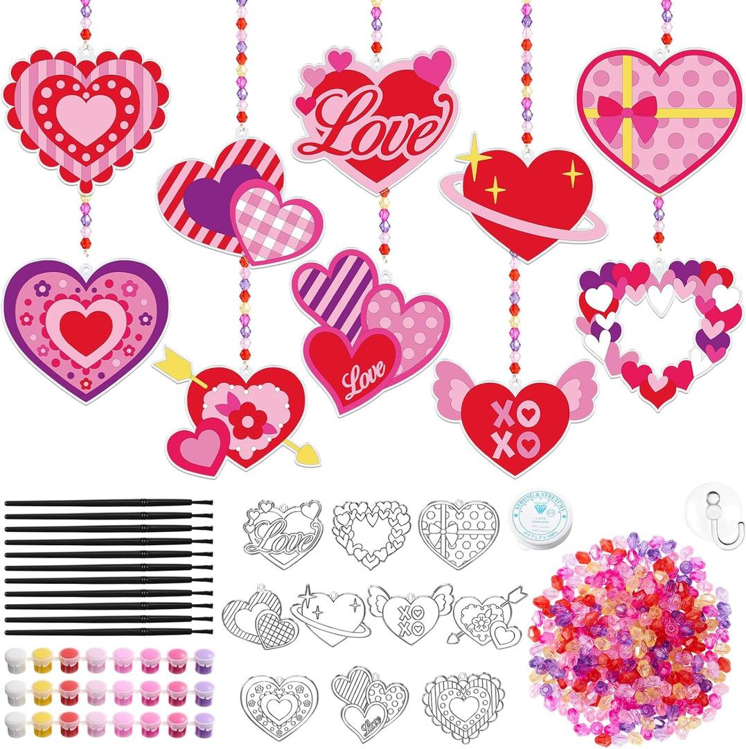 Dunzoom 30 Packs Valentine's Day Crafts, Heart Suncatcher Kit for Window Art, DIY Valentines Stained Glass Effect Painting Craft Kits, Classroom Valentine Gifts Party Favors Decorations