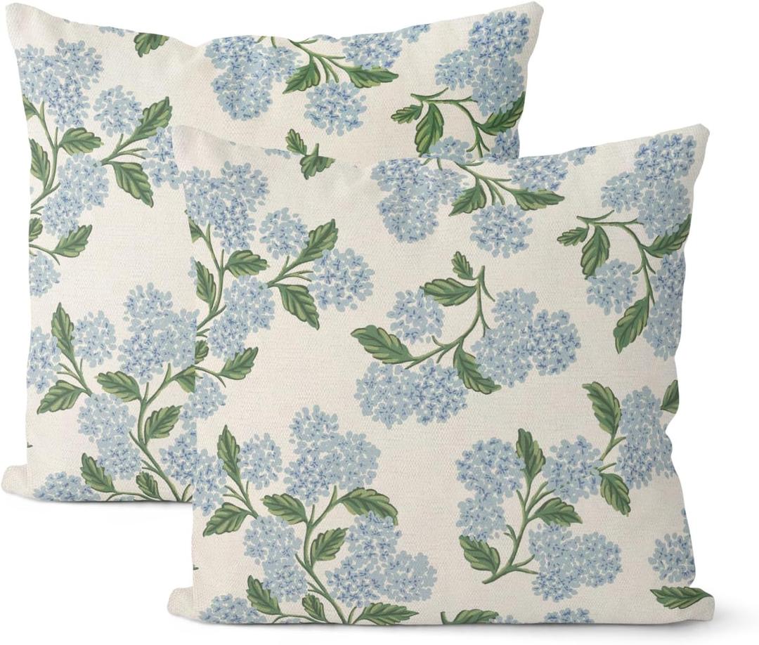 Spring Pillow Covers 18x18 Inch 2 Pcs Blue Green Hydrangea Flower Decor Throw Pillows Vintage Floral Seasonal Summer Outdoor Decoration Pillowcase Linen Cushion Cover for Couch Sofa