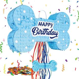 Dog Bone Pinata for Puppy Birthday Party Decorations, Pull String Pinata for Dog Themed Party Supplies, Blue Bones (16 x 10 x 3 inches)