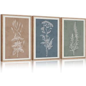 HLNIUC Neutral Botanical Framed Wall Art Set, Boho Minimalist Plant Canvas Wall Decor, Vintage Leaf Wall Painting, Nature Floral Silhouette Art Print for Bedroom, Living Room, Study - 16x24x3 (16L" x 24W")