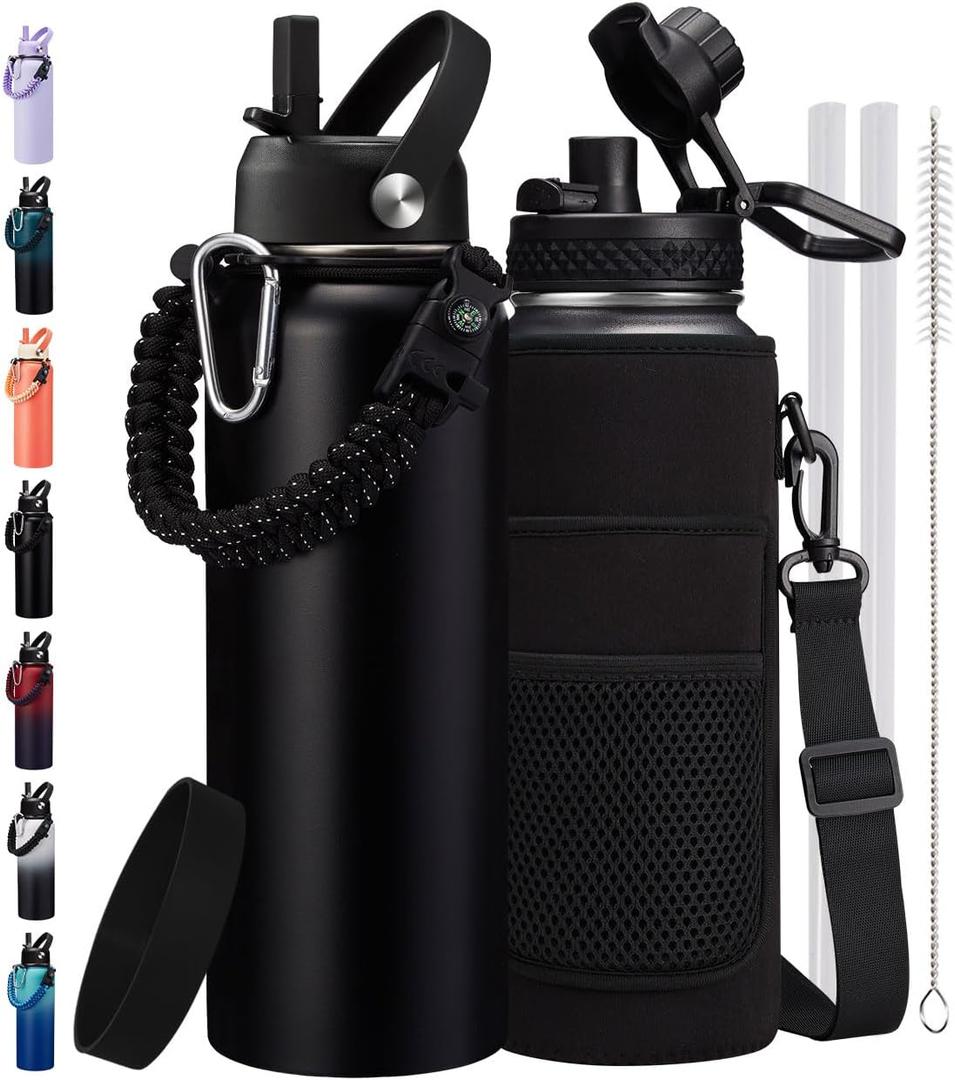40 oz Insulated Water Bottle - Cold 48H & Hot 24H, Reusable Metal Water Bottle Hydro Cup with Paracord Handle Straw Spout Lids, Carrier Bag, Wide Mouth Thermal Mug for Sports Fitness Hiking (Black)