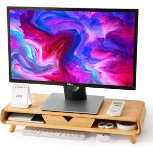 Homerays Bamboo Monitor Stand Riser, No Assembly Required Exquisite Monitor Stand with Drawer Ergonomic Height Wood Monitor Stand