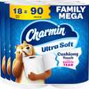 Charmin Ultra Soft Cushiony Touch 2-Ply Toilet Paper, 18 Family Mega Rolls = 90 Regular Rolls, White