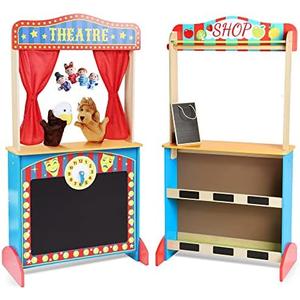 CHIUHEI Deluxe Wooden Puppet Theater with Curtains, Blackboard and Clock, Double-Sided Play Store 3-8Y & Kid Puppet Show Theater with 2 Hand Puppets and 4 Finger Puppets for Toddlers 3+