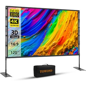 Projector Screen and Stand, Towond 120 inch Outdoor Projector Screen Indoor, Portable Movie Screen 16:9 4K Front Rear Projection Screen with Carry Bag Wrinkle-Free Design for Home Backyard Theater
